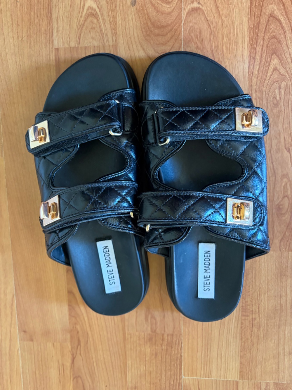 Steve Madden Schmona Black Quilted Slide Sandals Leather and Gold Accents 8.5